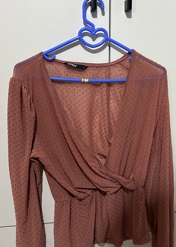 V Yaka Kahverengi Kadın Uzun Kollu Bluz - Görsel 2