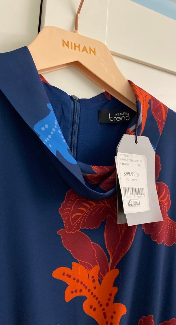 Uzun Kol Lacivert Bohem Uzun Elbise - Görsel 3