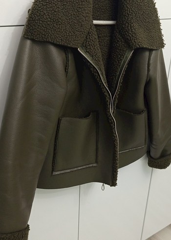 Kürk Detaylı Haki Deri Ceket - Görsel 4