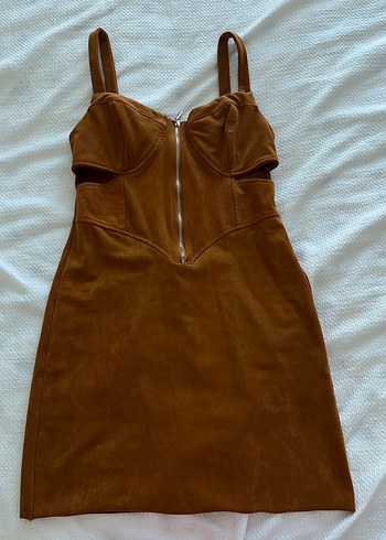 Bershka Kahverengi Süet V Yakalı Mini Elbise