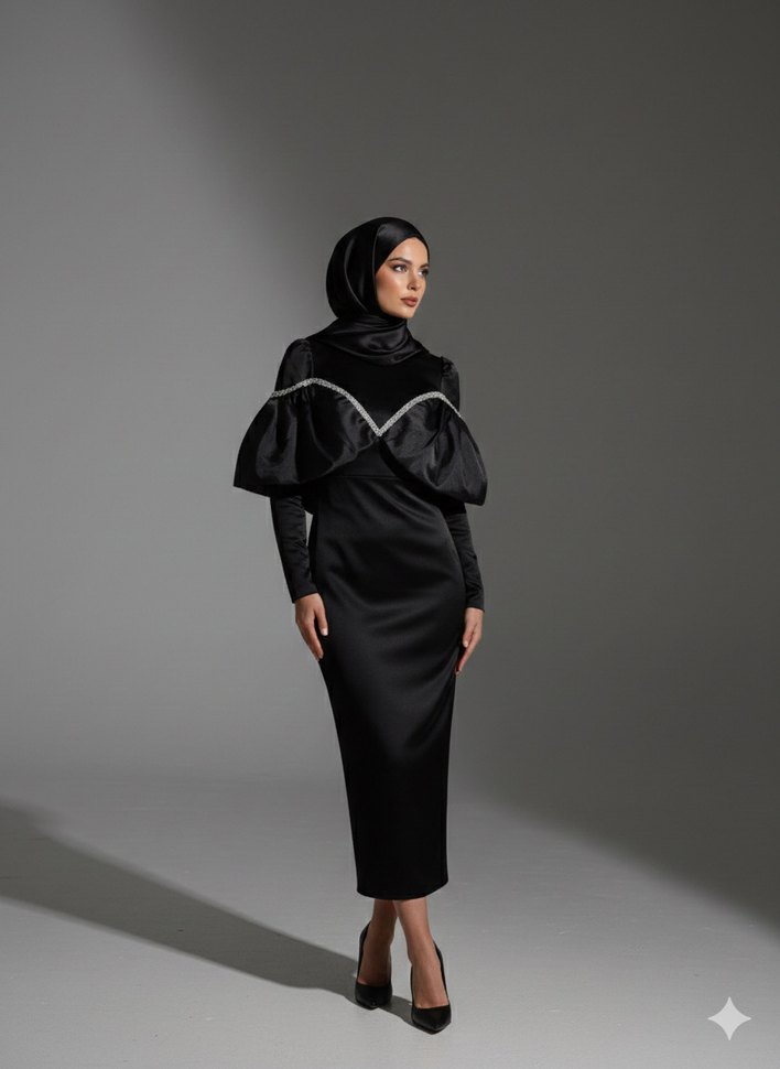 Uzun Siyah  Kadın Elbise Abiye - Görsel 2