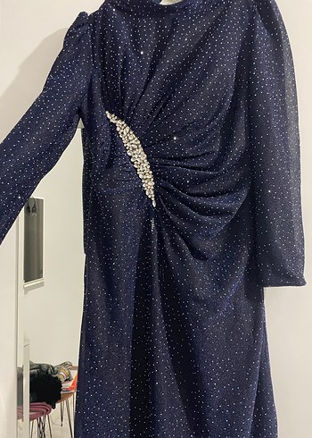 Lacivert Uzun Kollu Abiye Elbise - Görsel 4