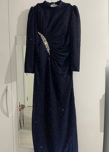 Lacivert Uzun Kollu Abiye Elbise - Görsel 2