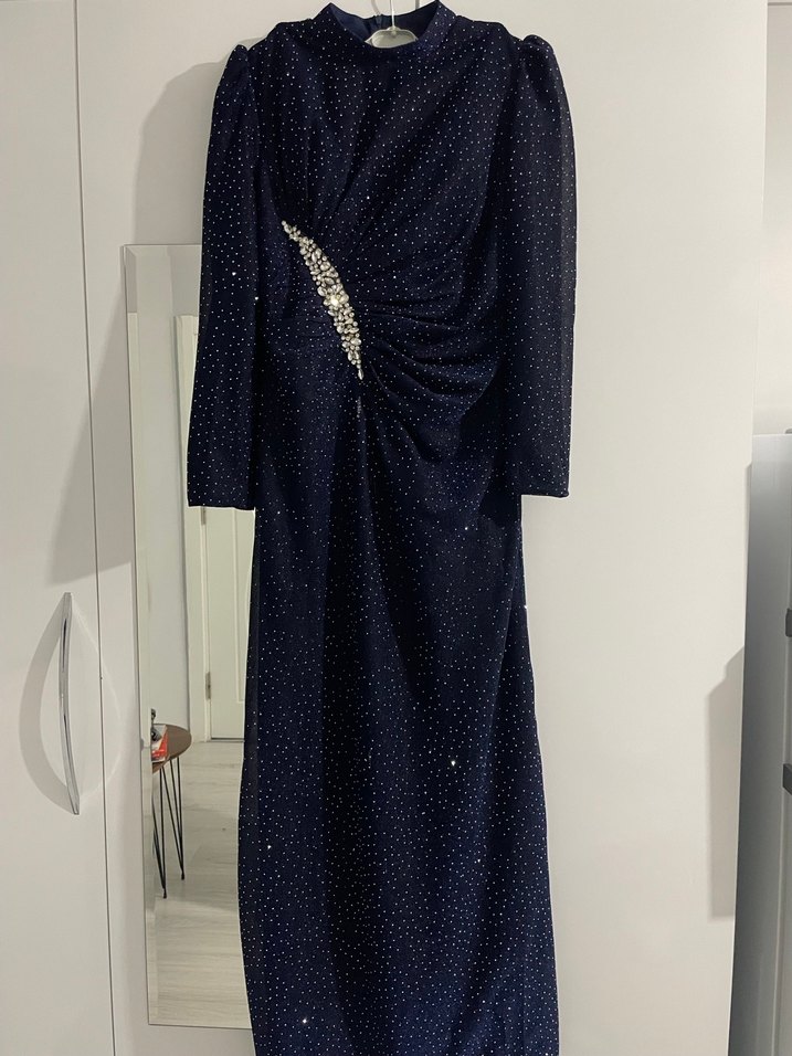 Lacivert Uzun Kollu Abiye Elbise - Görsel 2