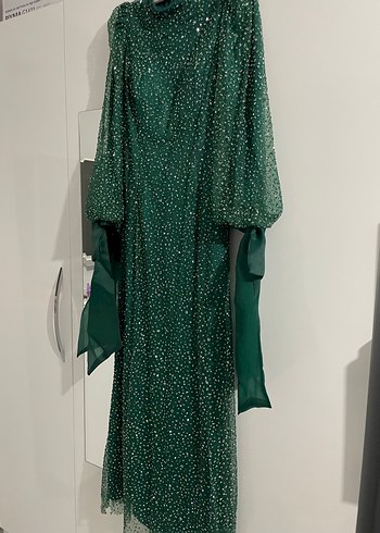 Yeşil Uzun Kollu Drapeli Abiye Elbise - Görsel 3