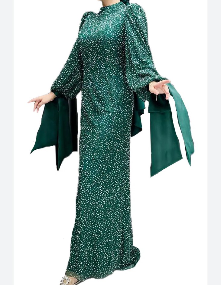 Yeşil Uzun Kollu Drapeli Abiye Elbise - Görsel 2