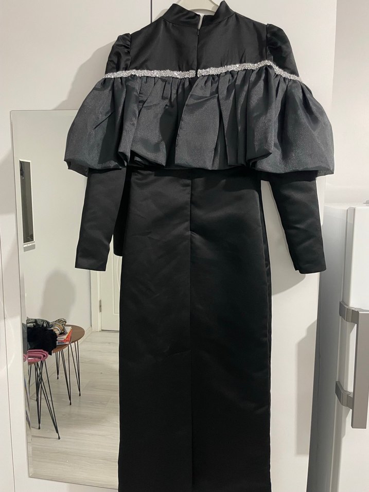 Drapeli Siyah Uzun Kadın Abiye Elbise - Görsel 5