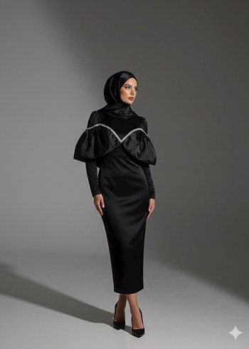 Drapeli Siyah Uzun Abiye Elbise - Görsel 2