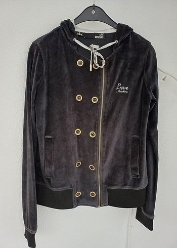 Love Moschino Koyu Gri Kadife Kapusonlu Fermuarli Ceket