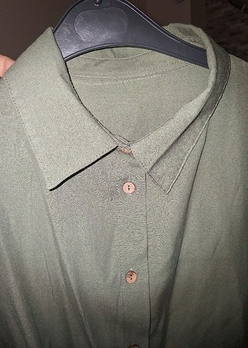 Kadın Haki Uzun Keten Gömlek - Görsel 3