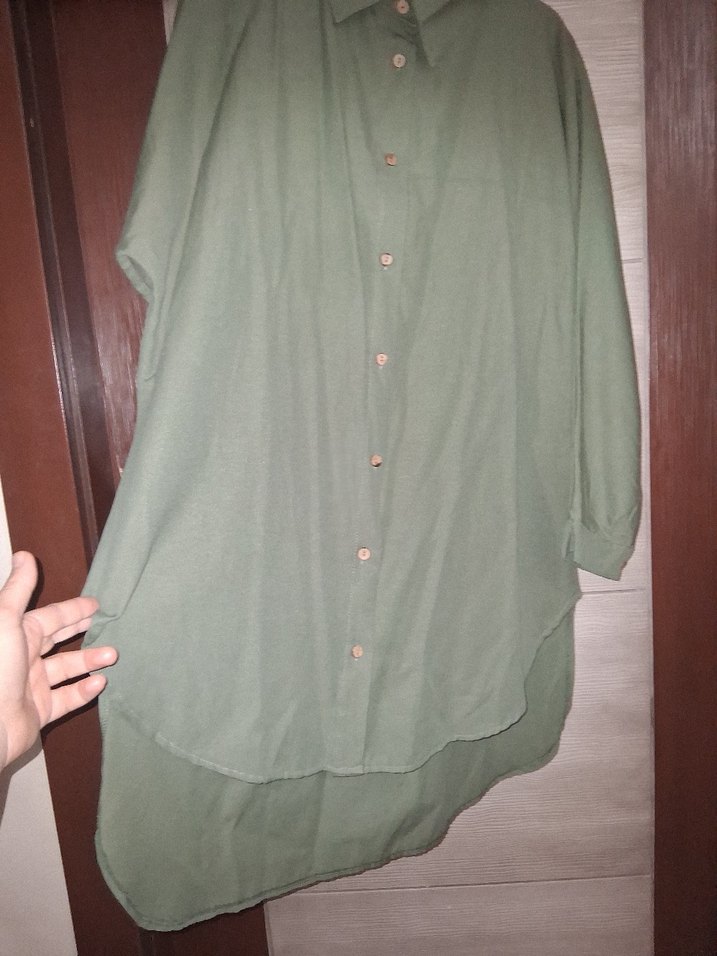 Kadın Haki Uzun Keten Gömlek - Görsel 2
