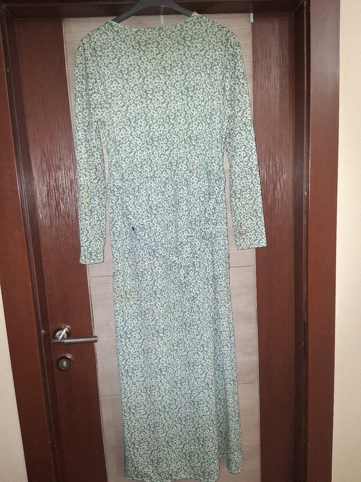 Kadın Yeşil Uzun Kollu Bağlama Desenli Elbise - Görsel 2