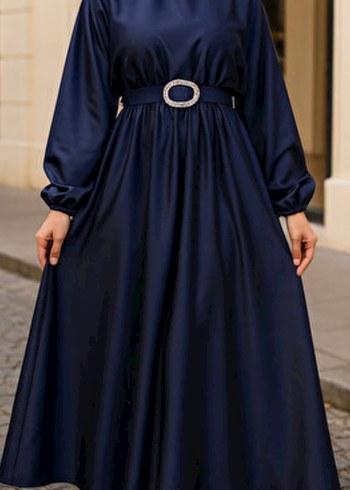 Kadın Lacivert Parlak Uzun Kol Elbise - Görsel 2