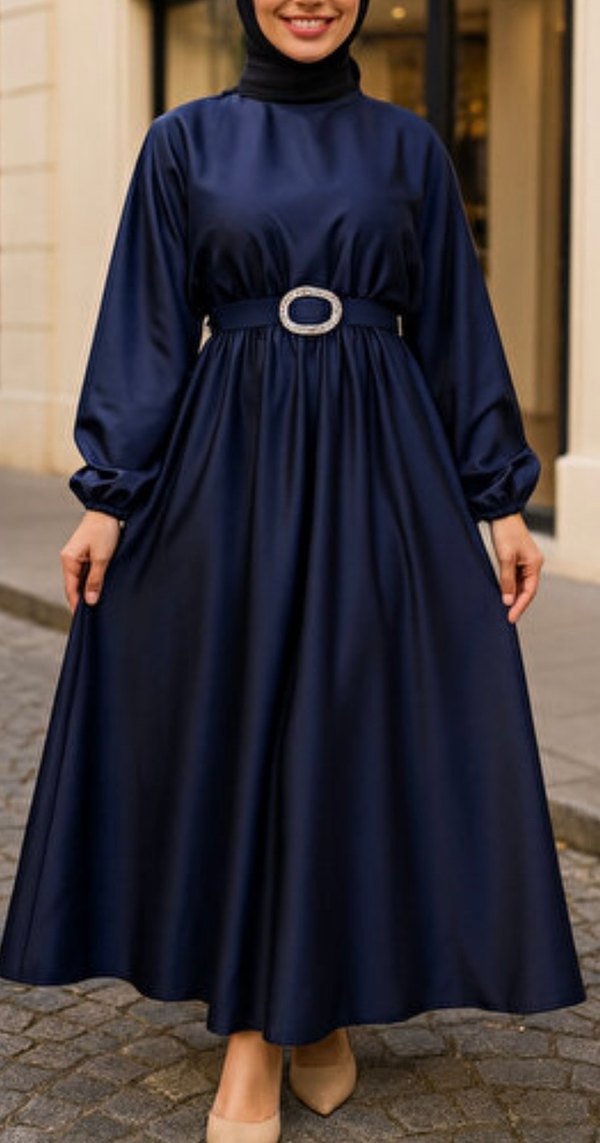 Kadın Lacivert Parlak Uzun Kol Elbise - Görsel 2