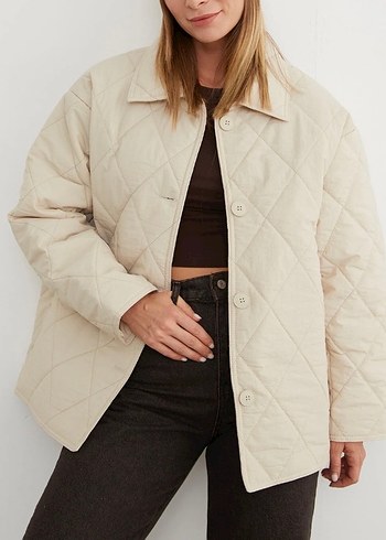 Beyaz Düğmeli Kadın Keten Mont - Görsel 2