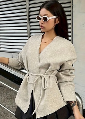 Gri Süet Kemerli Mini Hırka-Ceket - Görsel 3