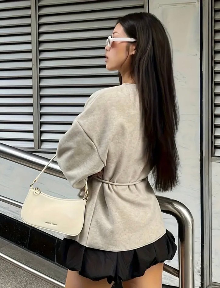 Gri Süet Kemerli Mini Hırka-Ceket - Görsel 2