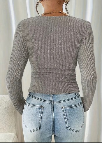 Gri Örgü V Yaka Kadın Bluz - Görsel 2