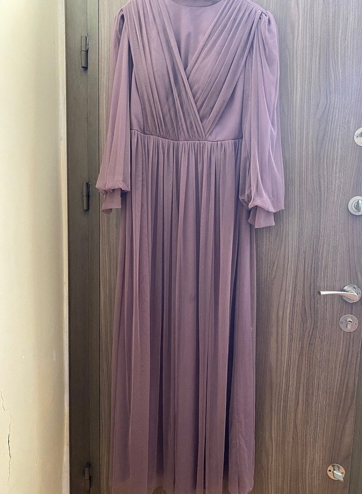 Pudra Renkli Uzun Drapeli Abiye Elbise - Görsel 3