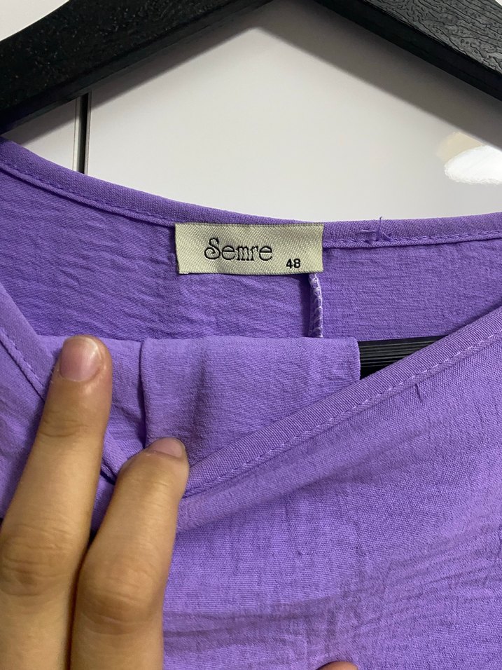 Uzun Kollu Mor Fırfırlı Keten Tunik Takım - Görsel 3