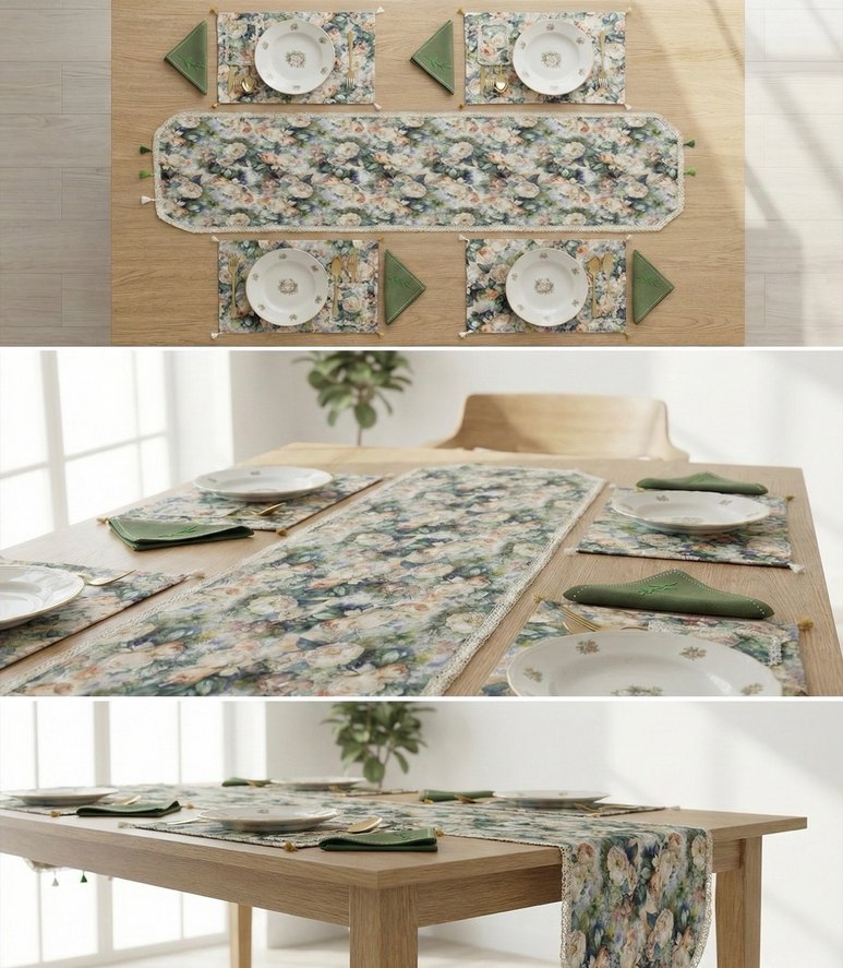 Runner, Amerikan Servis ve Nakışlı Peçete Seti - Görsel 2