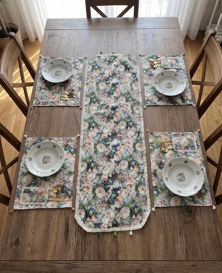 Runner, Amerikan Servis ve Nakışlı Peçete Seti - Görsel 3