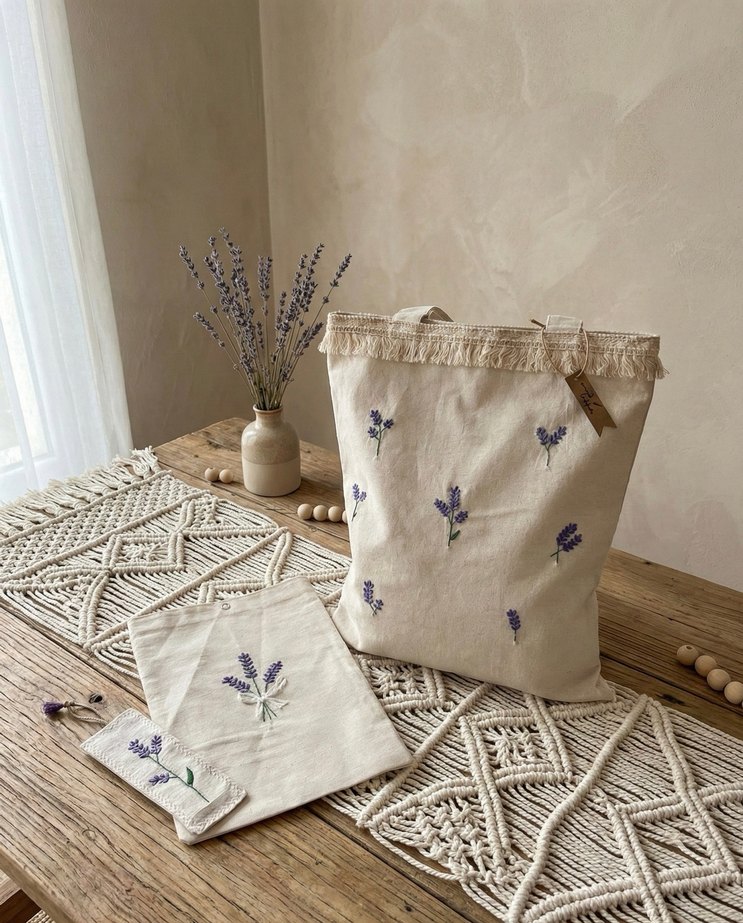 Nakışlı Bohem Set | Bez Çanta, Kitap Kılıfı, Ayraç - Görsel 2