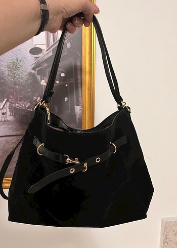 Kemer Detaylı Siyah Süet Kadın Çanta - Görsel 2