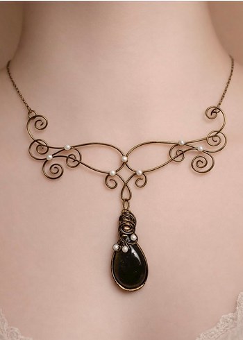 Bakır el işi kaplangözü taşlı kolye - Görsel 2