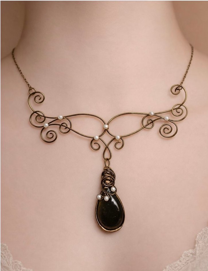 Bakır el işi kaplangözü taşlı kolye - Görsel 2