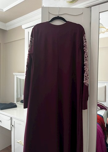 46 Beden bordo Renk Bordo Nakışlı Uzun Kollu Salaş Elbise