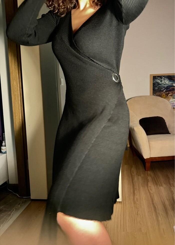 Trendyol Fitilli Asimetrik Kışlık triko örme Elbise - Görsel 2