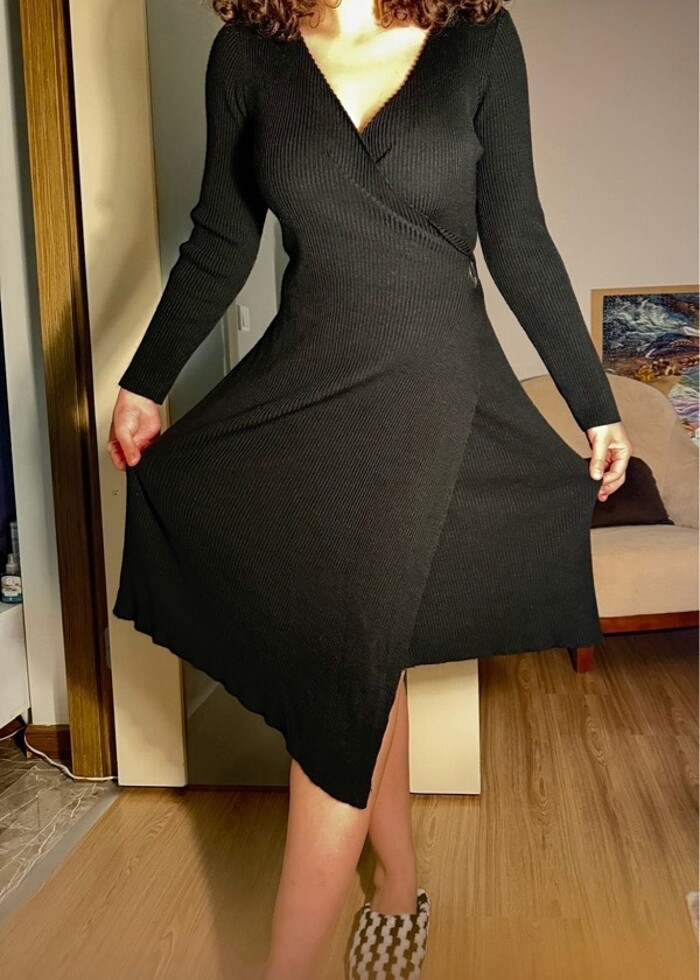 Trendyol Fitilli Asimetrik Kışlık triko örme Elbise - Görsel 3