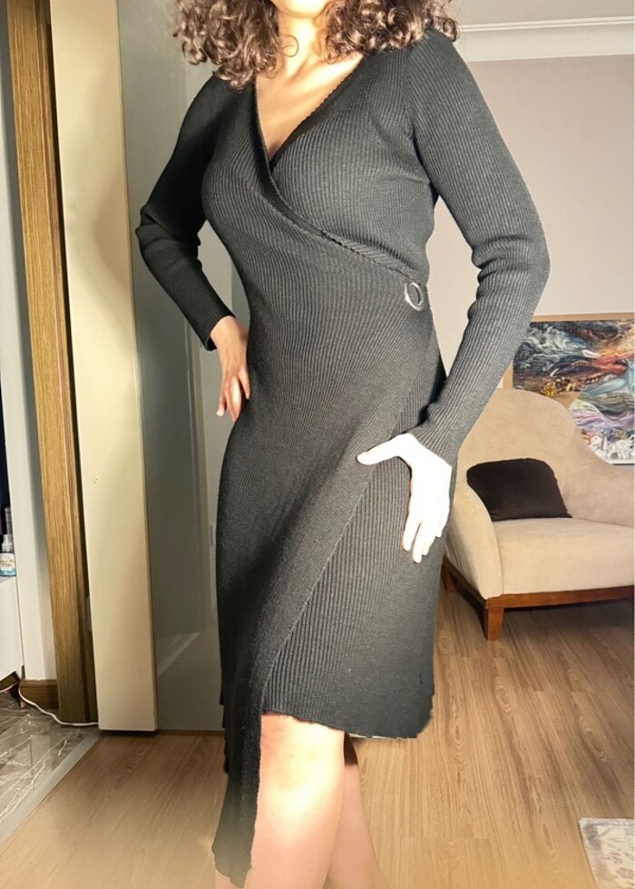 Trendyol Fitilli Asimetrik Kışlık triko örme Elbise - Görsel 4