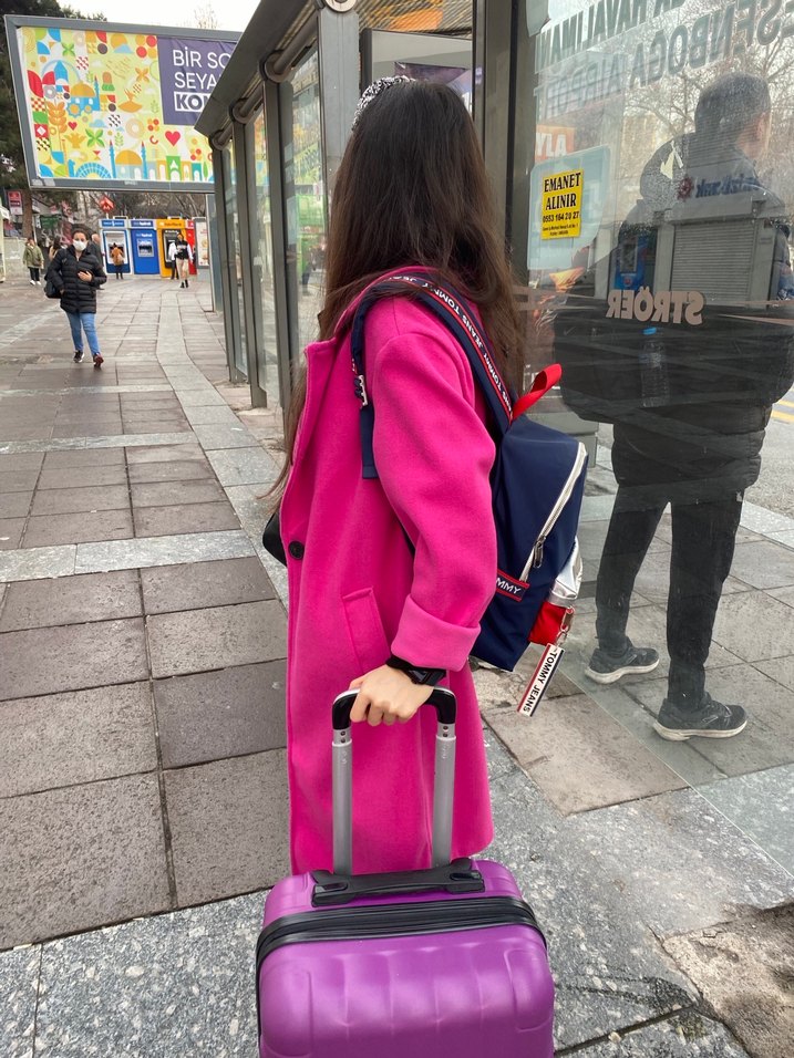 Uzun Fuşya Kadın Kaban - Görsel 3