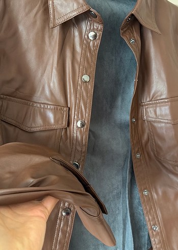 Düğmeli Kahverengi Deri Kadın Ceket - Görsel 3