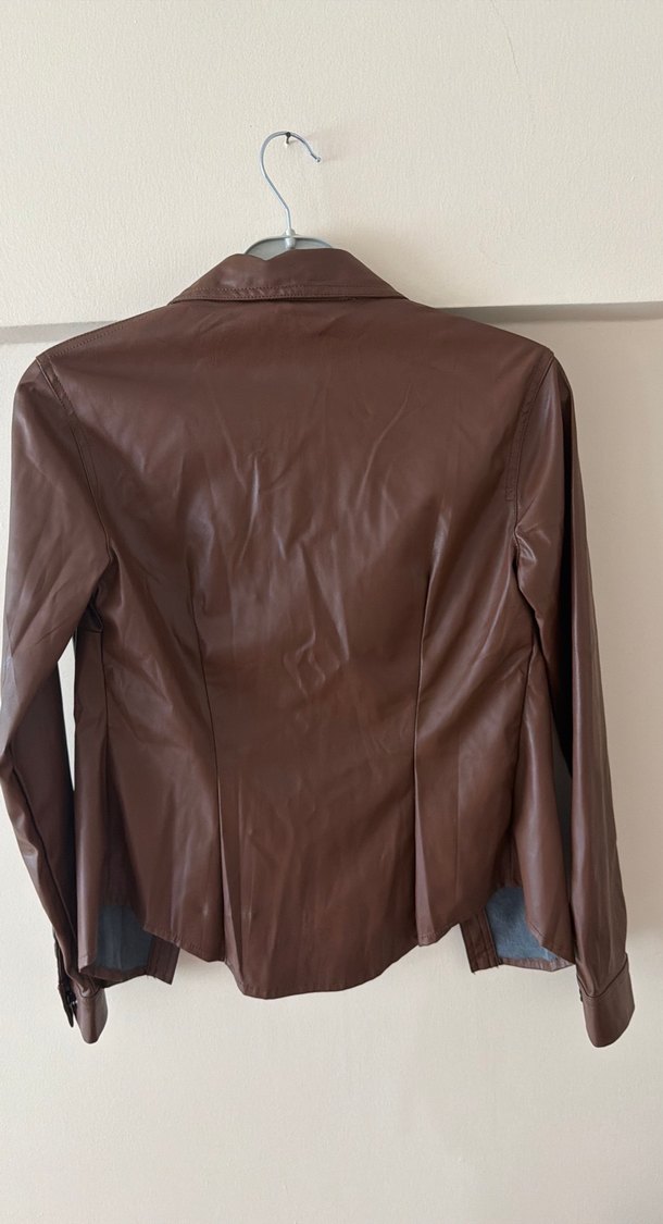 Düğmeli Kahverengi Deri Kadın Ceket - Görsel 4