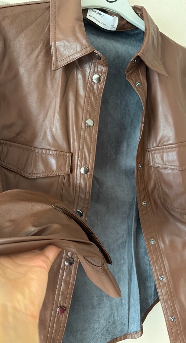 Düğmeli Kahverengi Deri Kadın Ceket - Görsel 3