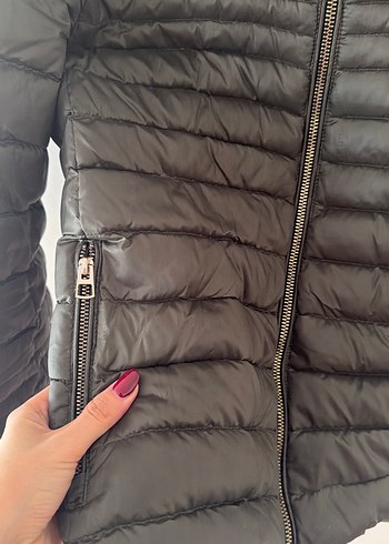 Yüksek Yakalı Fermuarlı kaz tüylü haki Kadın Mont - Görsel 3