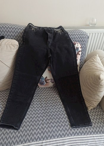 Kadın Siyah Bağcıklı Salaş Denim Pantolon