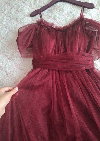 s Beden Bordo Straplez Midi Abiye Elbise