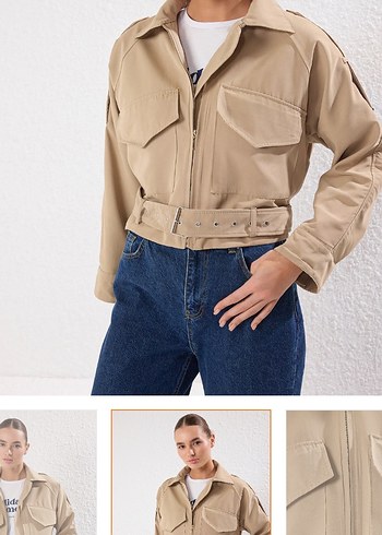 Kadın Bej Kemerli Midi Denim Ceket