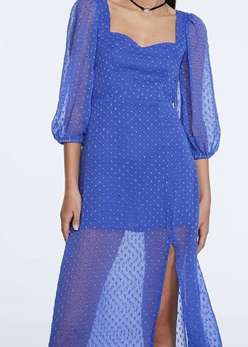 Mavi Puantiyeli Uzun Kollu Mini Elbise - Görsel 4