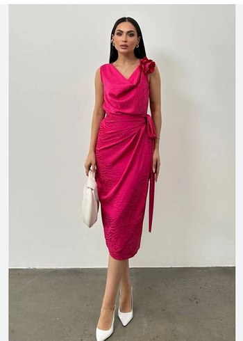 Step Pembe Drapeli Uzun Straplez Elbise