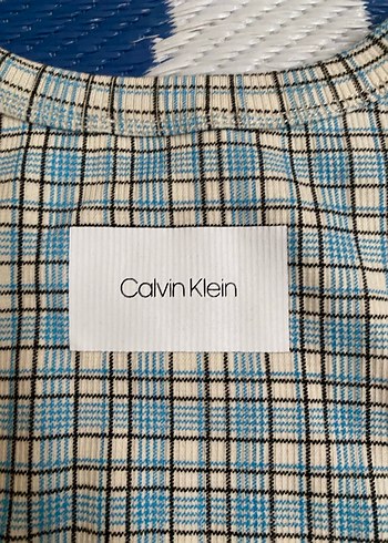 xl Beden Mavi Ekose Desenli Tişörtü calvin klein
