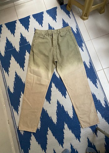 Bej Batik Desenli Midi Denim Kadın Jean