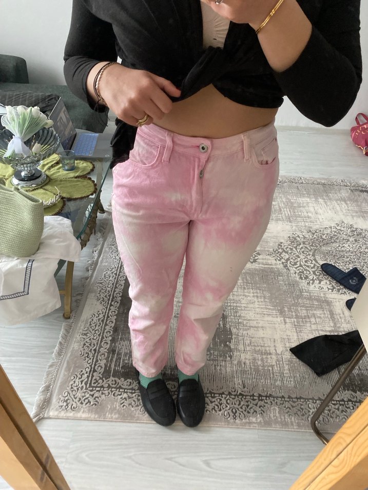 Pembe Batik Desenli Kadın Boyfriend Kot Pantolon - Görsel 2