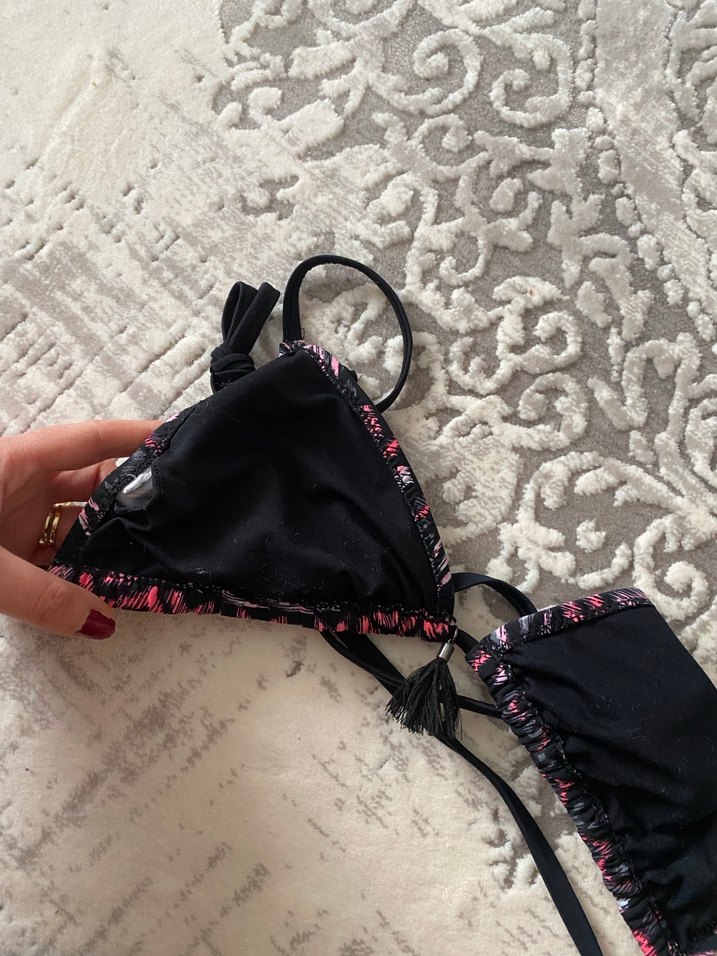 Pembe Bağcıklı Volanlı Bohem Bikini Üstü - Görsel 3