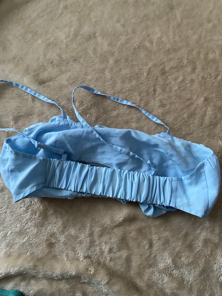 Mavi Keten Fırfırlı İp Askılı Büstiyer - Görsel 2