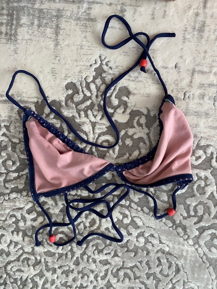 Boncuk Detaylı Lacivert Puantiyeli Bikini Üstü - Görsel 3